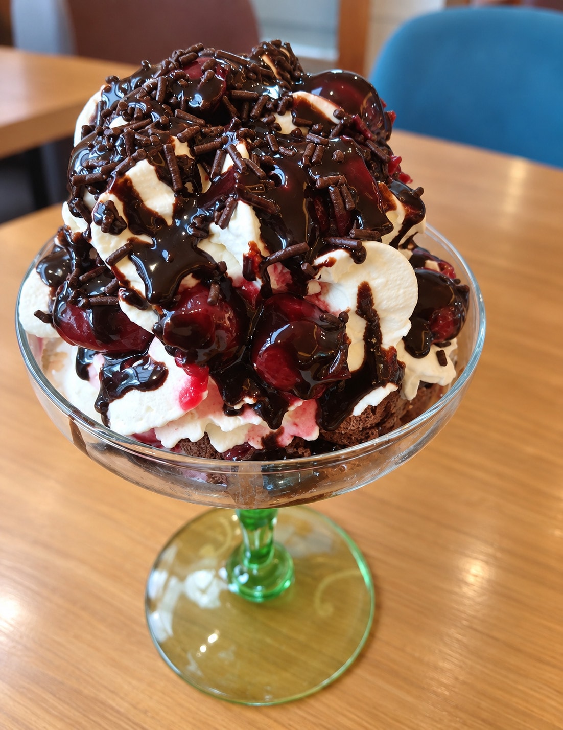 A Black Forest sundae piled with cream, cherries, chocolate sauce and sprinkles in a green-stemmed glass