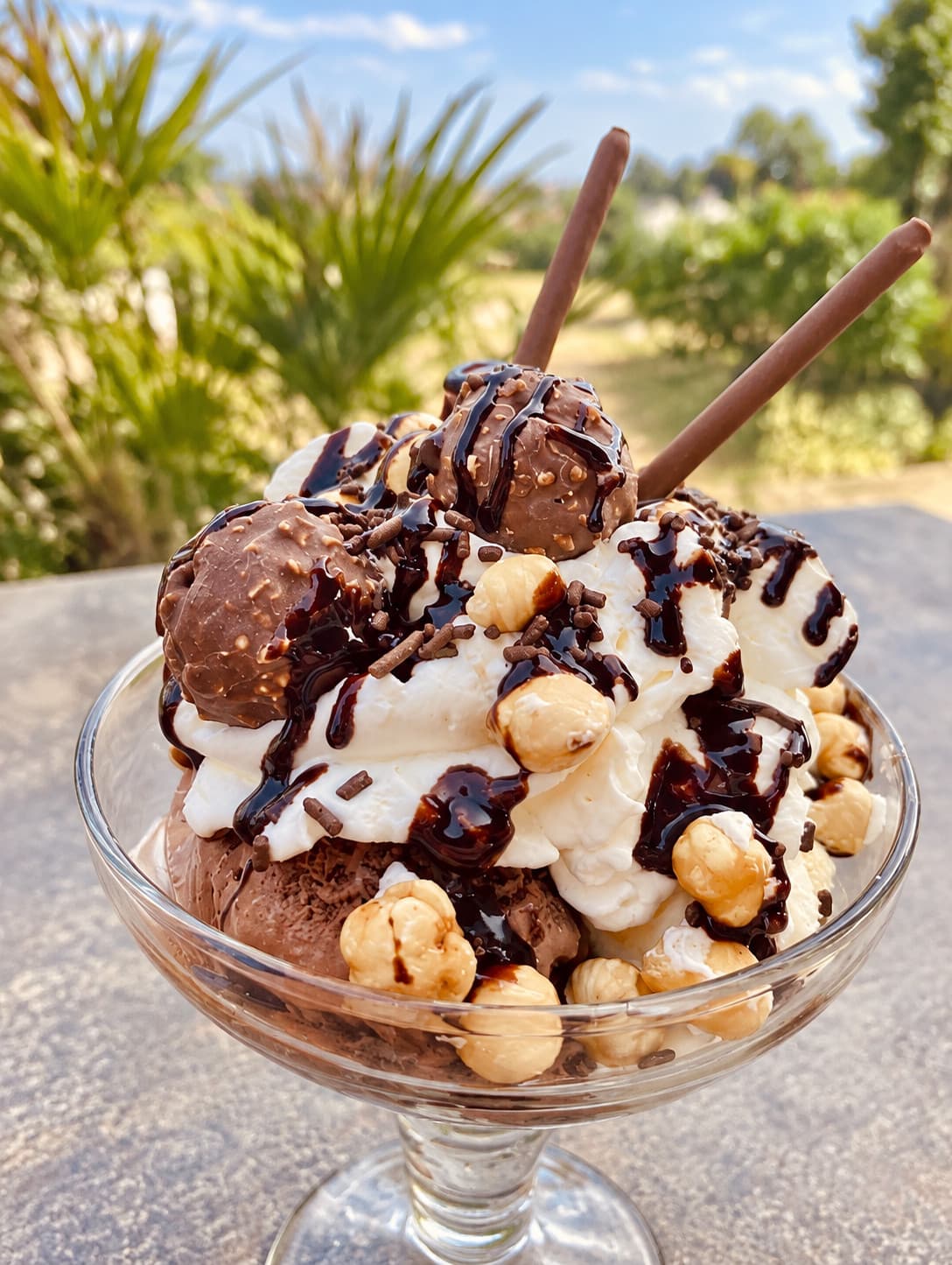 A hazelnut sundae with chocolate pralines, cream and chocolate sauce against palms and a blue sky