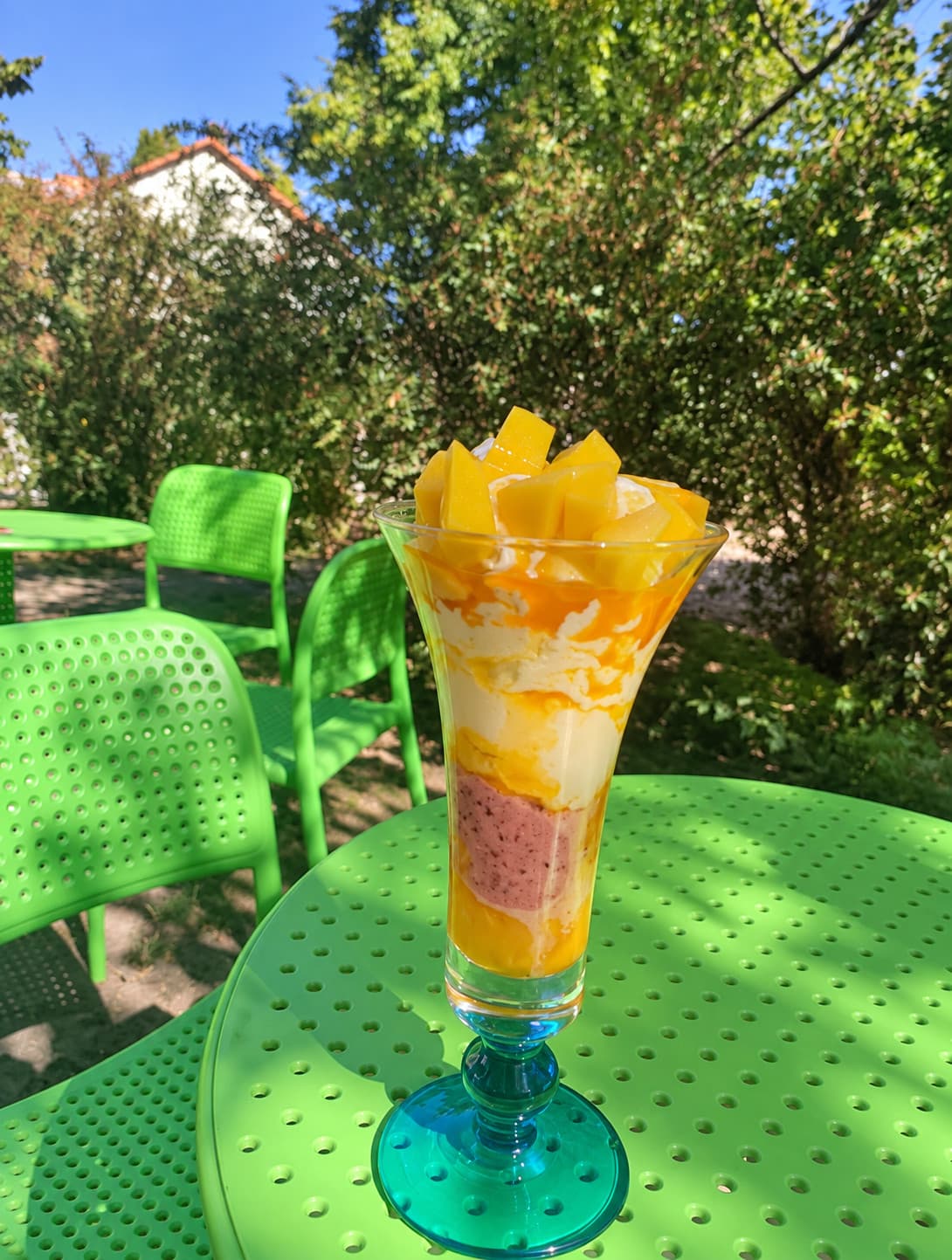 A mango parfait with diced mango and layers of gelato in a tall glass on a green garden table