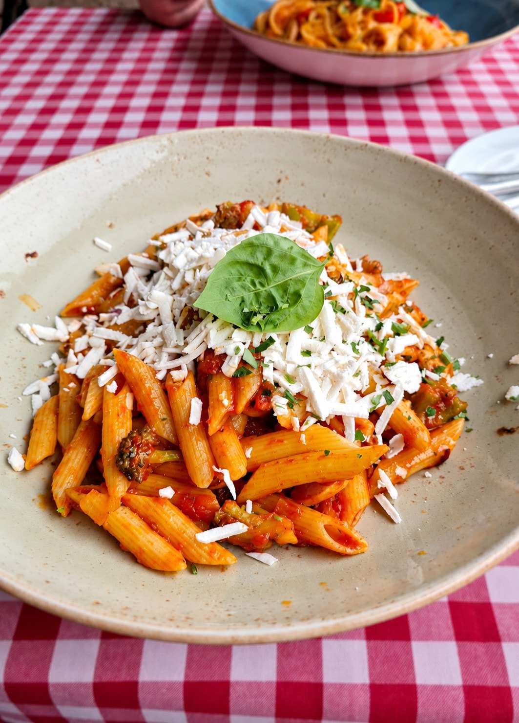 Penne in tomato sauce with grated cheese and a basil leaf