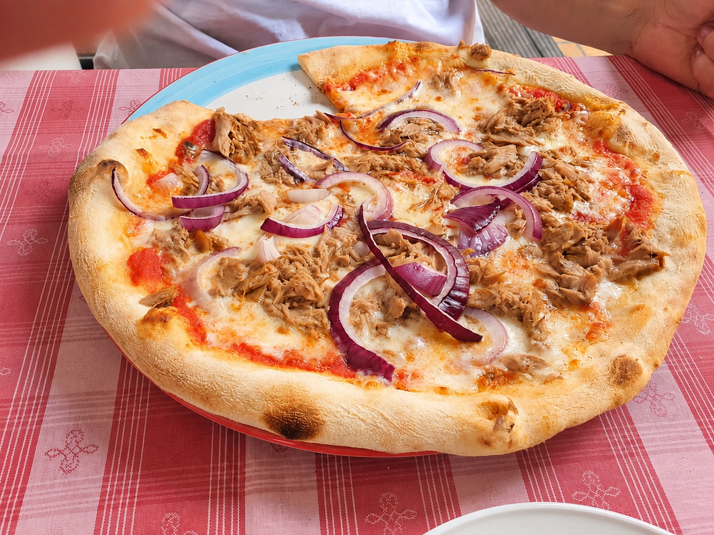 Pizza tonno with tuna and red onion rings