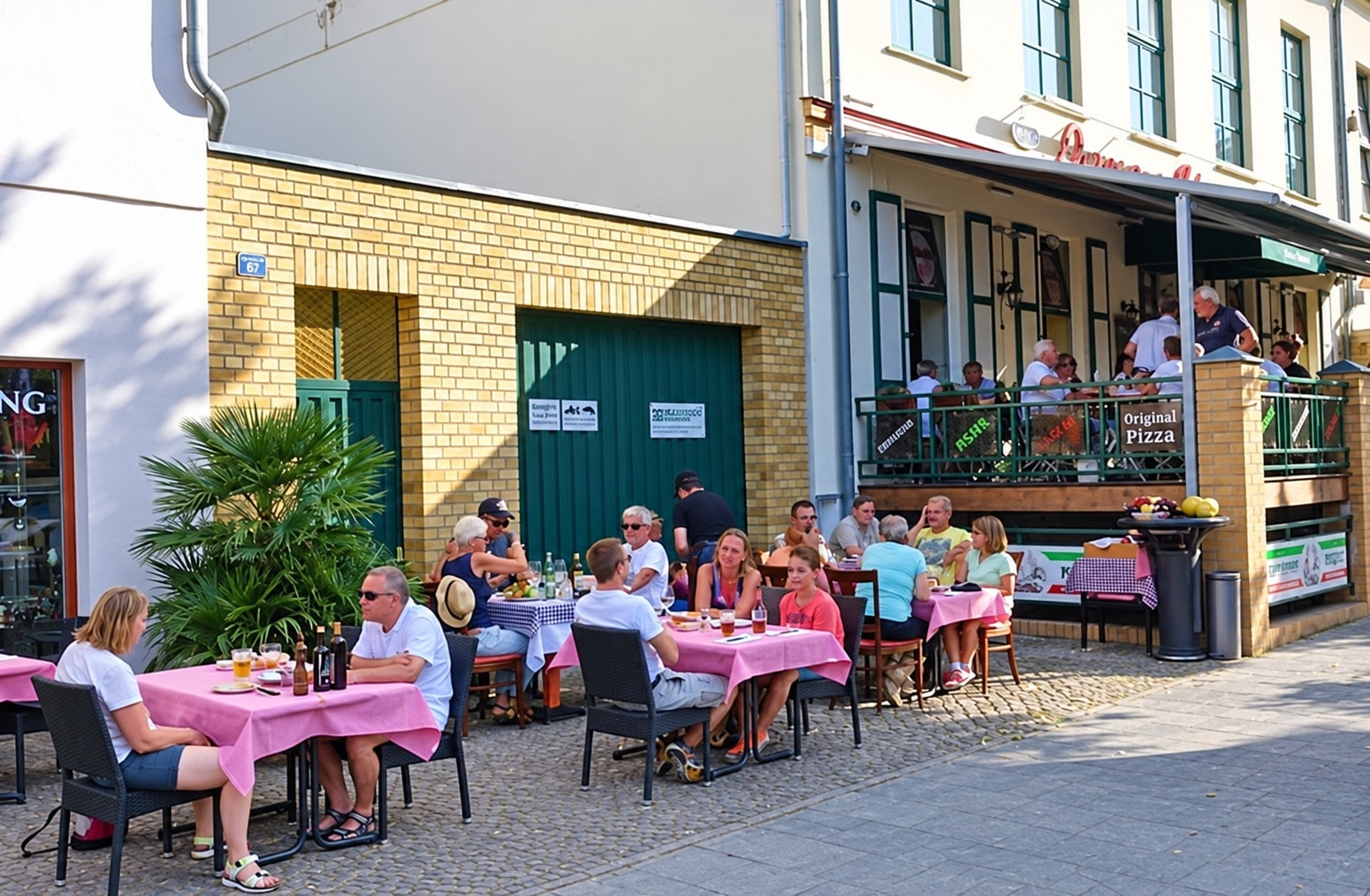Guests at pink-clothed tables on the terrace outside the restaurant on a sunny day