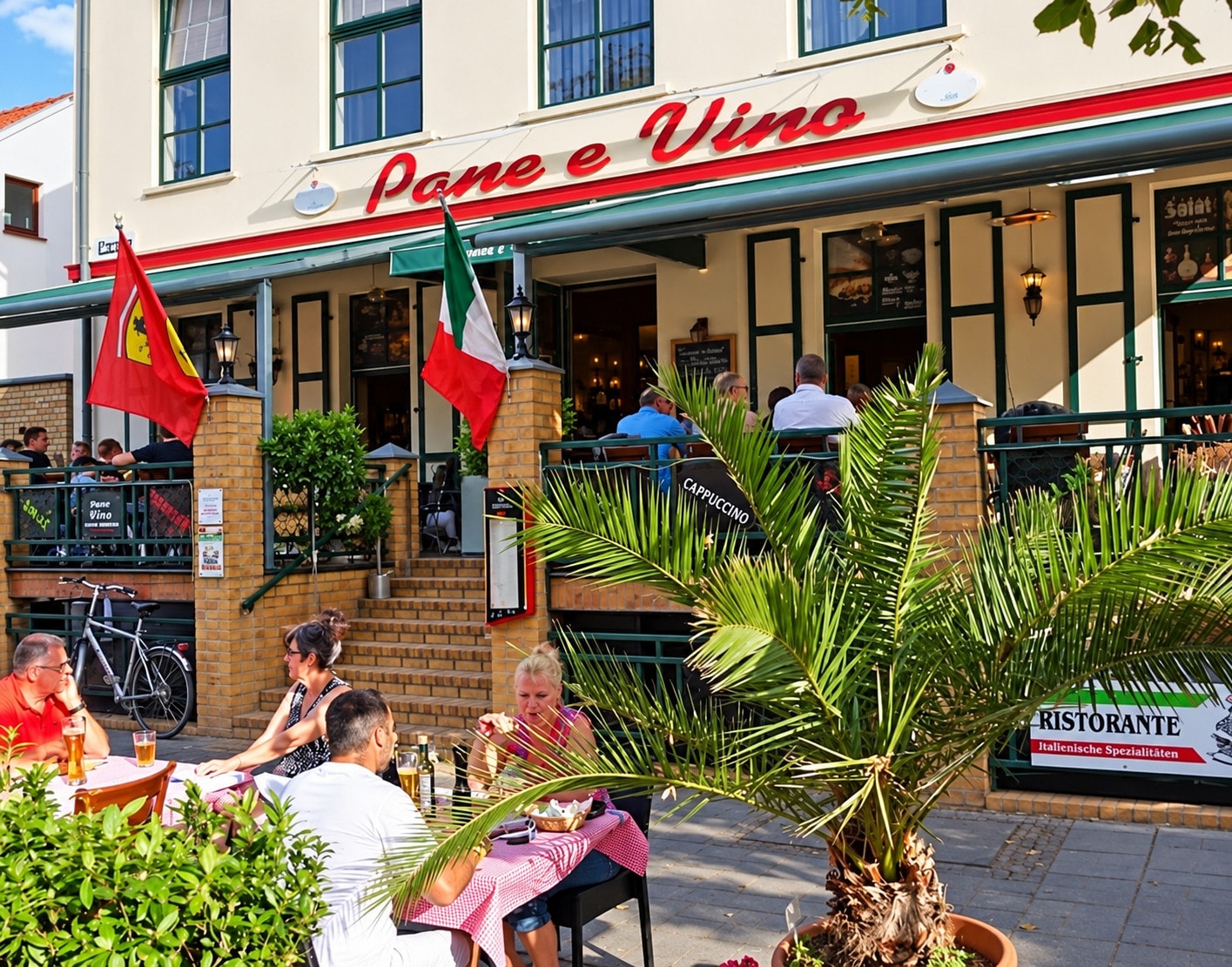 Guests on the sunny terrace beneath the Pane e Vino sign, with a palm and flags